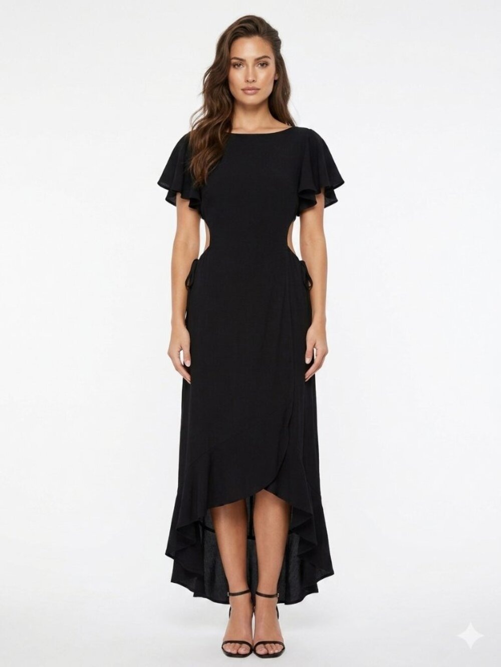 *HYFVE Black Cutout Maxi Dress Flutter Sleeve Tie Waist S